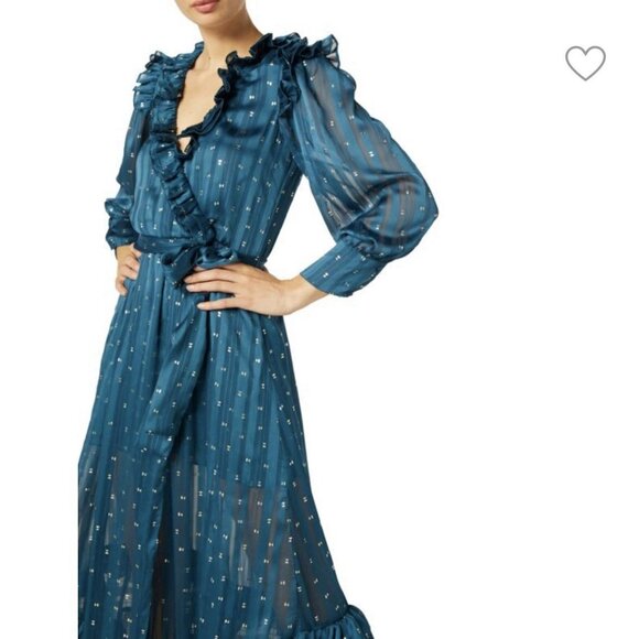 MISA Gabriella Asymmetric Striped Wrap Midi-Dress Chiffon Ruffles - Picture 12 of 12